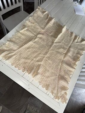 Antique crochet Light Cream Crochet Shawl/baby blanket with Scalloped Edges